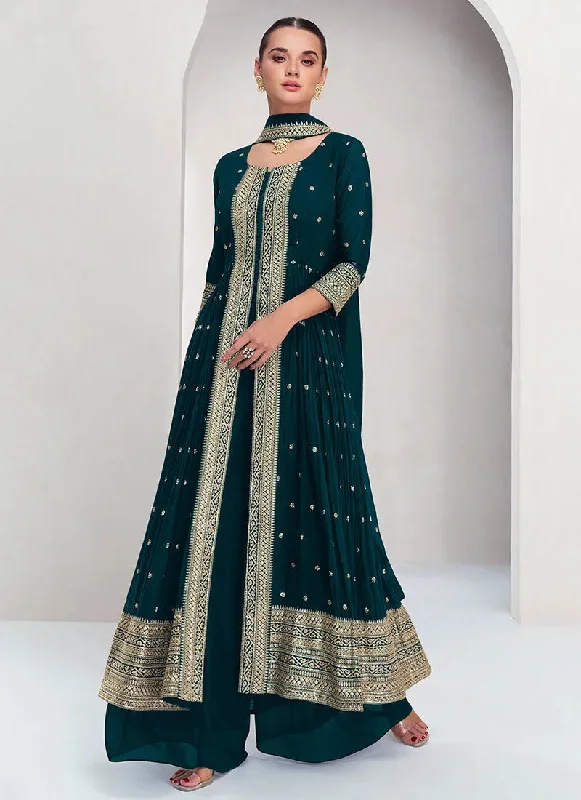 Everyday Outfits Elegant Dark Green Embroidery Traditional Palazzo Suit