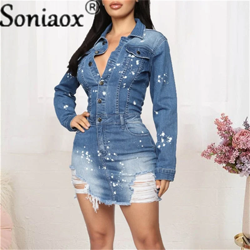 Trendy Looks Sexy Turndown Collar Cotton Bodycon Jean Dress 2021 Summer Party Club Denim Dress Women Breasted Mini Bag Hip Dress