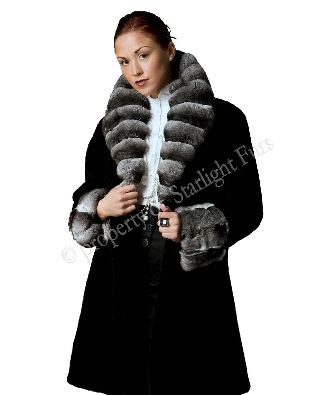Smart Comfort Wear 29 | Black Sheared Beaver Coat with Chinchilla Trim