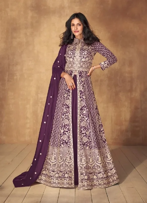 Stylish Casuals Extraordinary Embroidered Silk Anarkali Gown in Dark Purple