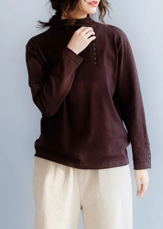 Cozy Knits Cozy high neck chocolate knit tops oversize side open collar knit blouse