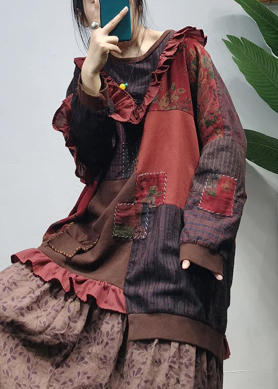 Light Comfort Chic O-Neck asymmetrical design Ruffled Patchwork Cotton Top Long Sleeve