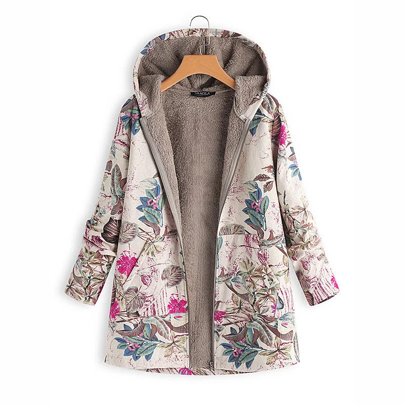 Comfortable Dresses Women's printed hoodies winter new women's high-quality cotton and linen warm plush jacket large size casual loose shirt
