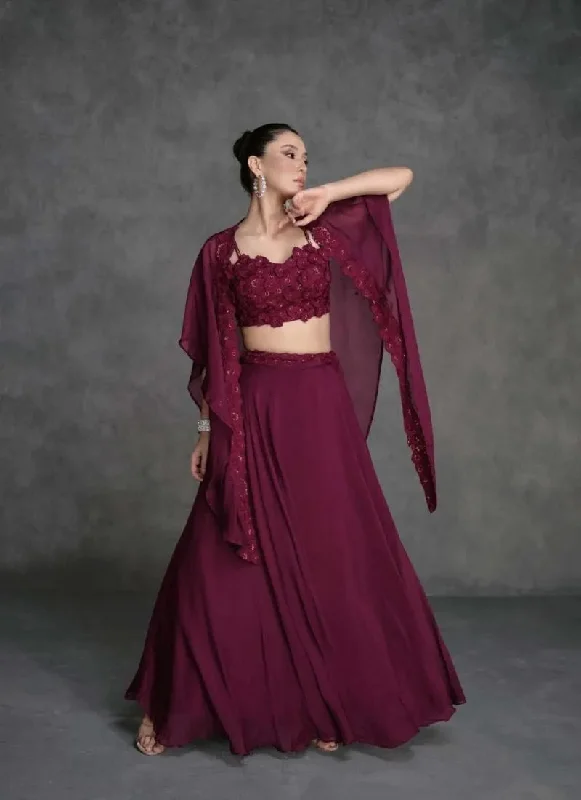Cozy Outerwear Designer Wine Embroidered Organza Silk Lehenga Set with Crop Top