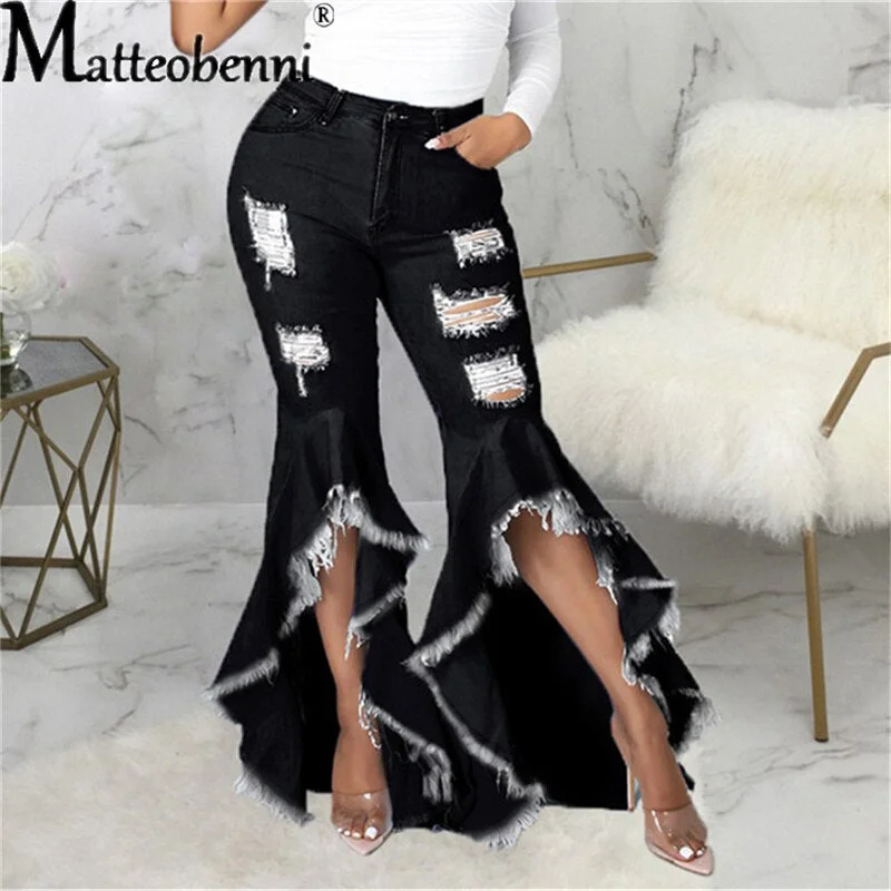 Stylish Casuals Sexy Ripped Jeans Fringe Hollow Out Ruffle Water Wash Flare Denim Pants New High Waist Bodycon Hole Women Trousers Club Outfits