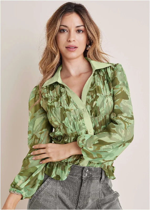 Light Comfort Collared Smocked Top - Abstract Camo