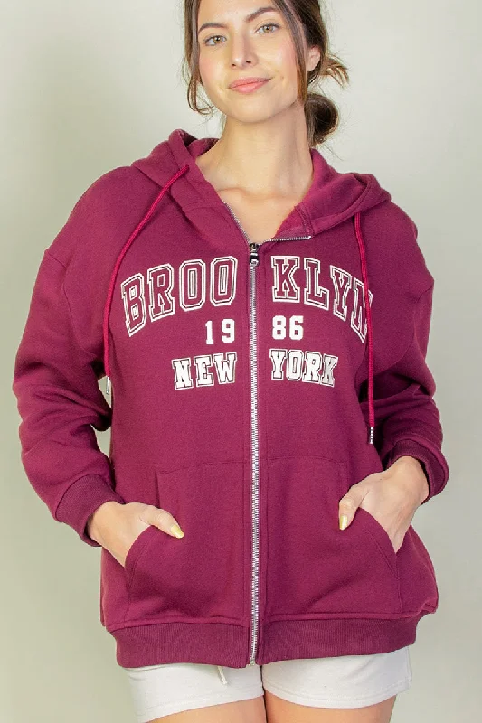 Warm Chic Graphic Drop Shoulder Zipper Up Hoodie