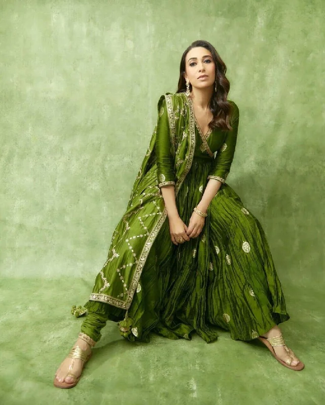 Relaxed Fashion Olive Green Satin Silk Designer Anarkali Suit