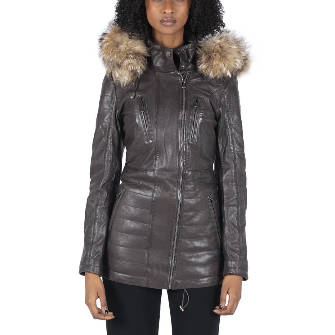 Soft Casuals Women's Leather Parka Jacket 3/4 Fur Hood Zipped Brown Tan Grey