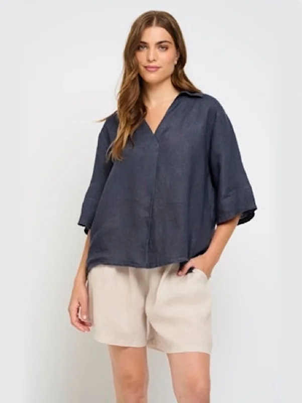 Versatile Outfits Linen Pull Over Blouse - Midnight Navy