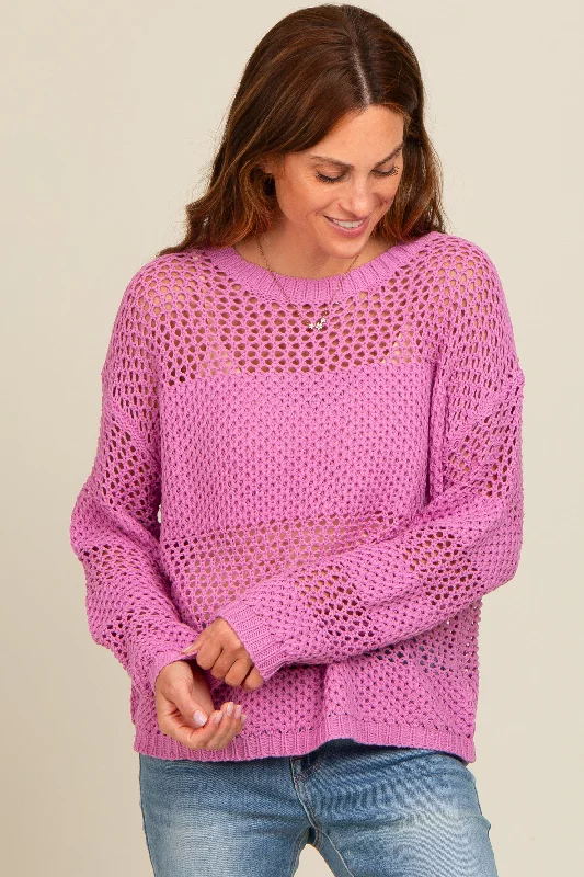 Sporty Comfort Purple Striped Open Knit Sweater