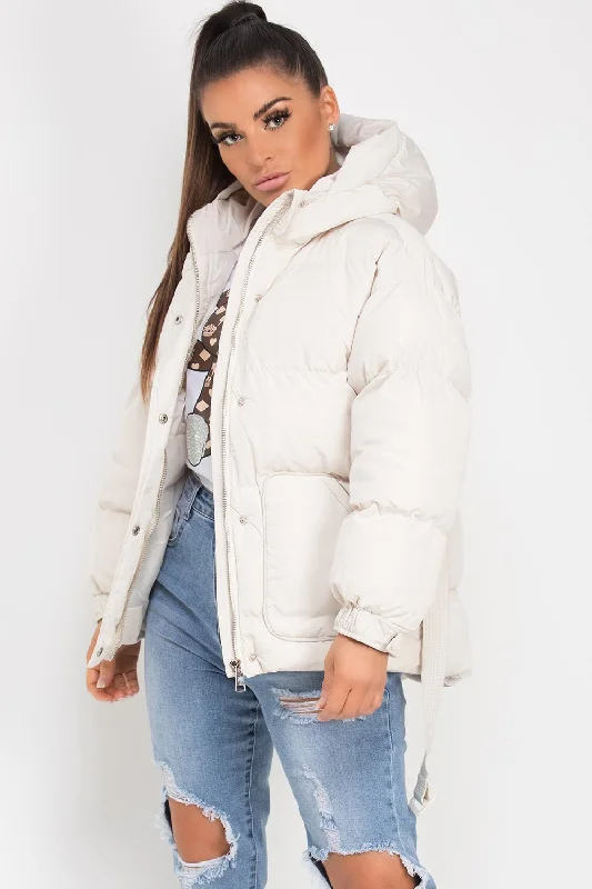 Effortless Dressing Puffer Padded Jacket With Belt Beige