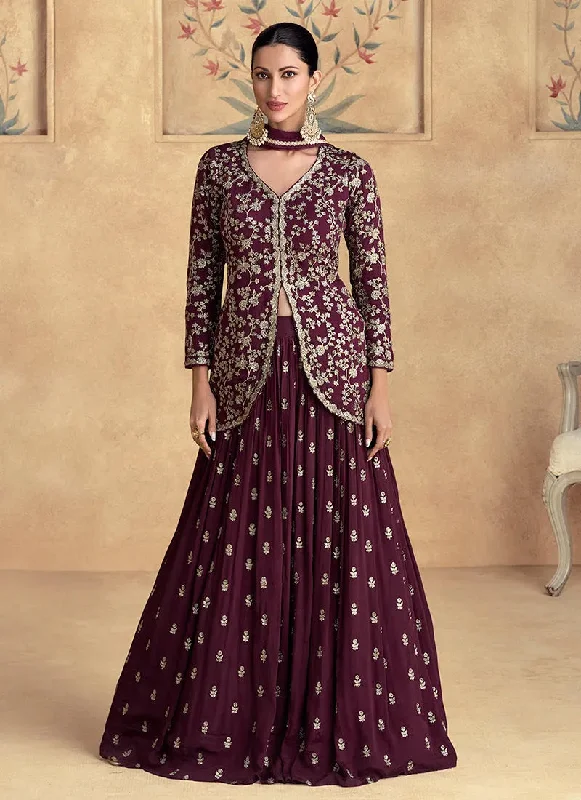 Simple Chic Heartwarming Maroon Golden Embroidered Lehenga Choli