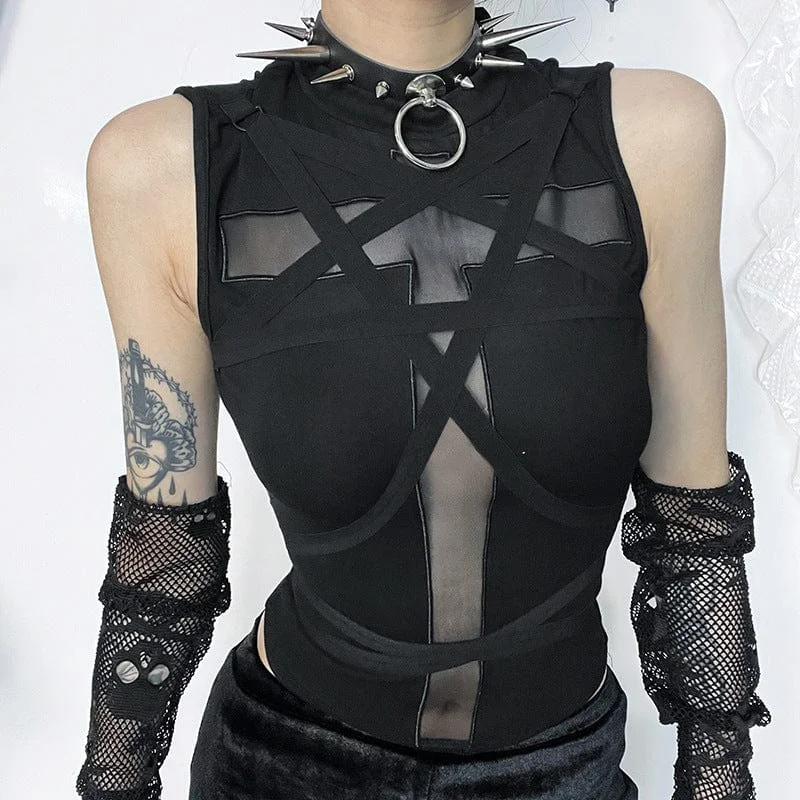 Soft Looks Women's Punk Cross Mesh Splice Strap Tank Top