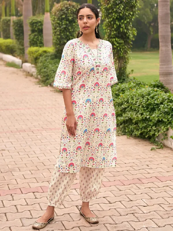 Soft Layers Off White Printed Cotton Straight Kurta Set