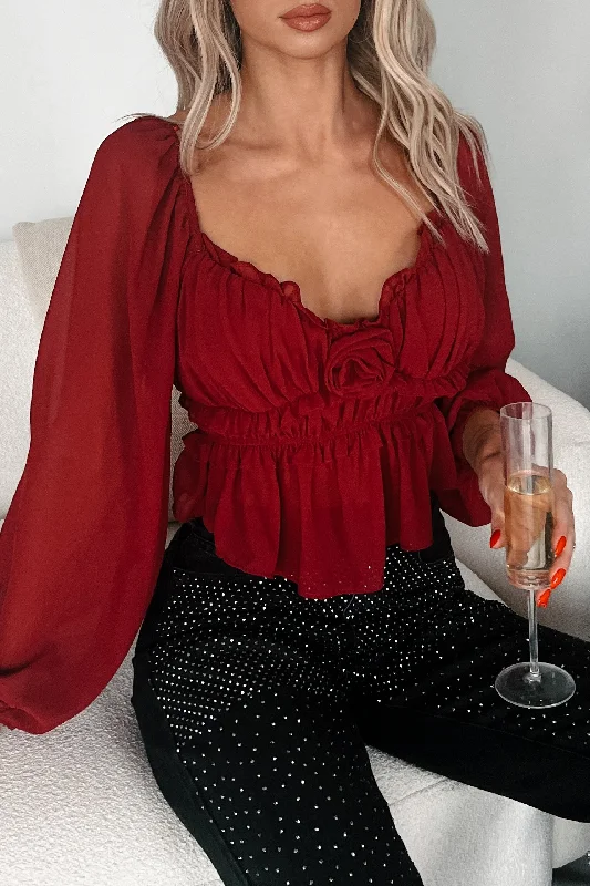 Easy Comfort Style Feminine Feels Ruched Rosette Peasant Top (Dark Cherry)
