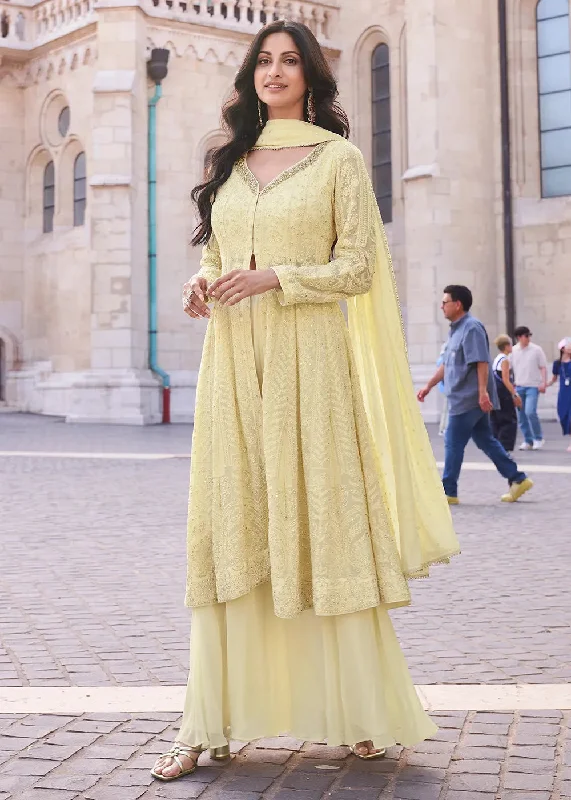 Simple Looks Glowing Embroidered Light Yellow Anarkali Style Sharara Suit