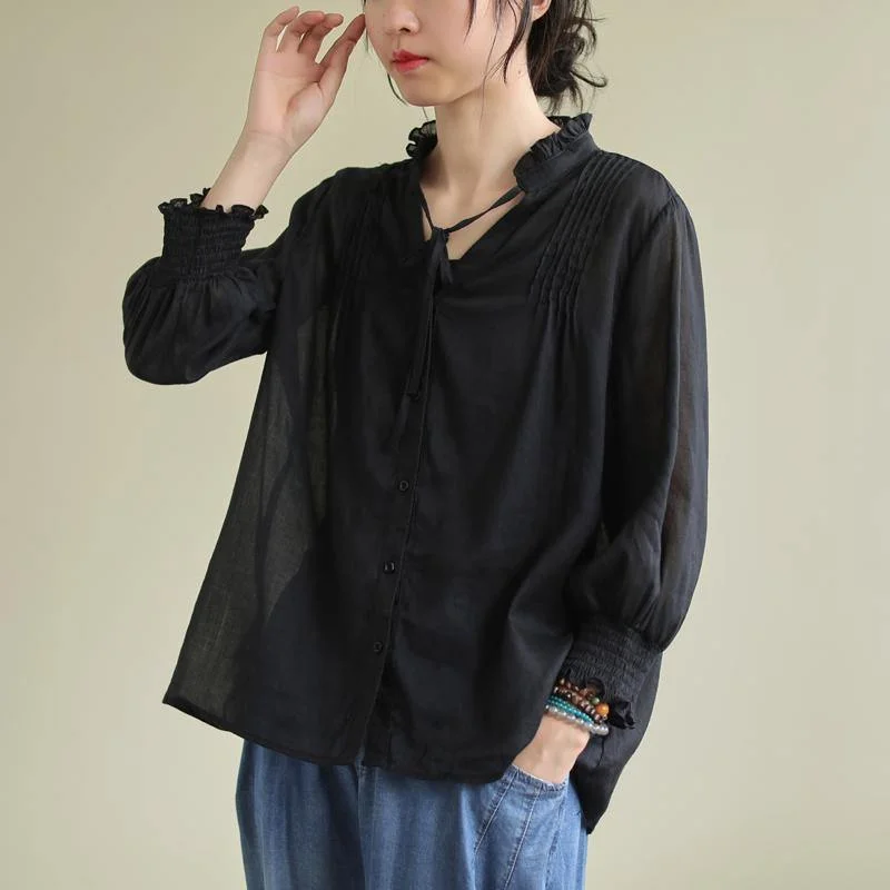 Easy-to-Wear Classy black linen Blouse stand collar utton Down daily blouses