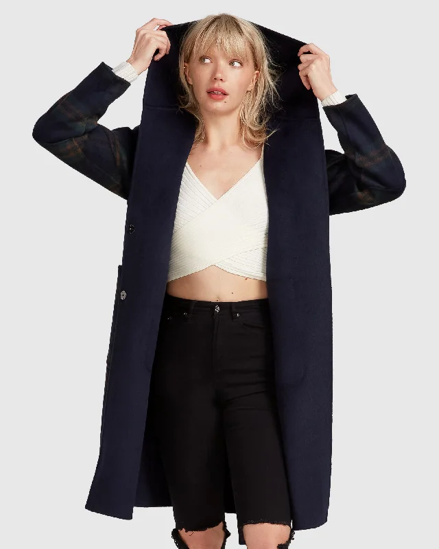 Trendy Layers Walk This Way Wool Blend Oversized Coat - French Navy Plaid