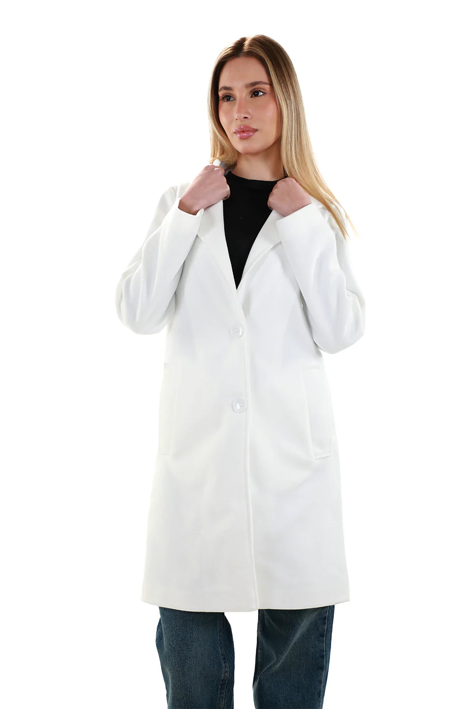 Soft Textures White Buttoned Coat With Slanted Pockets