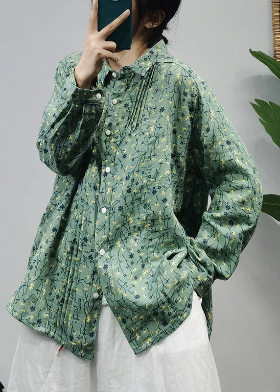Layered Style Classy Green Button Peter Pan Collar wrinkled Cotton Shirts Long Sleeve Layered Style Classy Green Button Peter Pan Collar wrinkled Cotton Shirts Long Sleeve