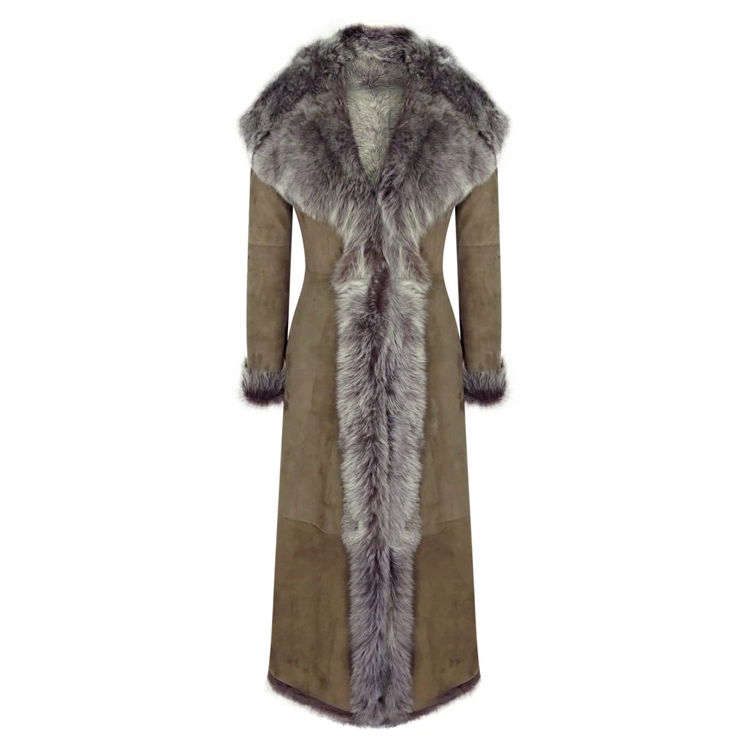 Simple Looks Women's Suede Toscana Full Length Hooded Taupe Sheepskin Trench Coat