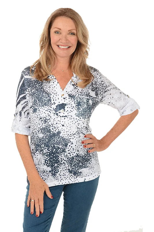 Easy-to-Wear Petite Dalmation Dots Roll Sleeve Top