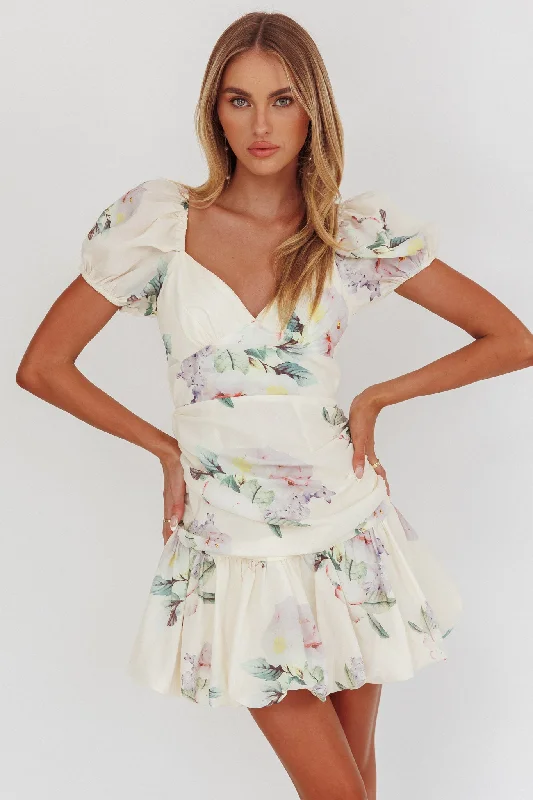 Comfortable Sweaters Annabella Puff Sleeve Tied Back Mini Dress Floral Butter