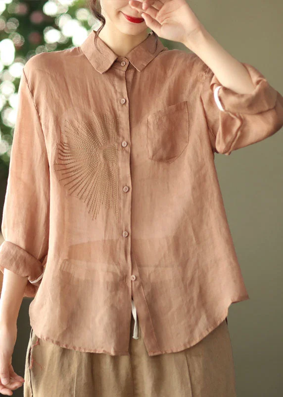 Comfortable Fitwear Classy Khaki Embroideried Casual Ramie Top Long Sleeve