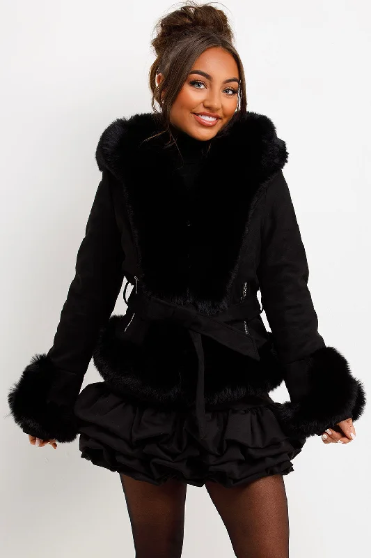 Stylish Jackets Faux Fur Faux Suede Jacket With Belt Black