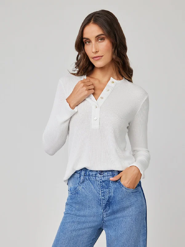 Relaxed Clothing Long Sleeve Wide Placket Henley - White