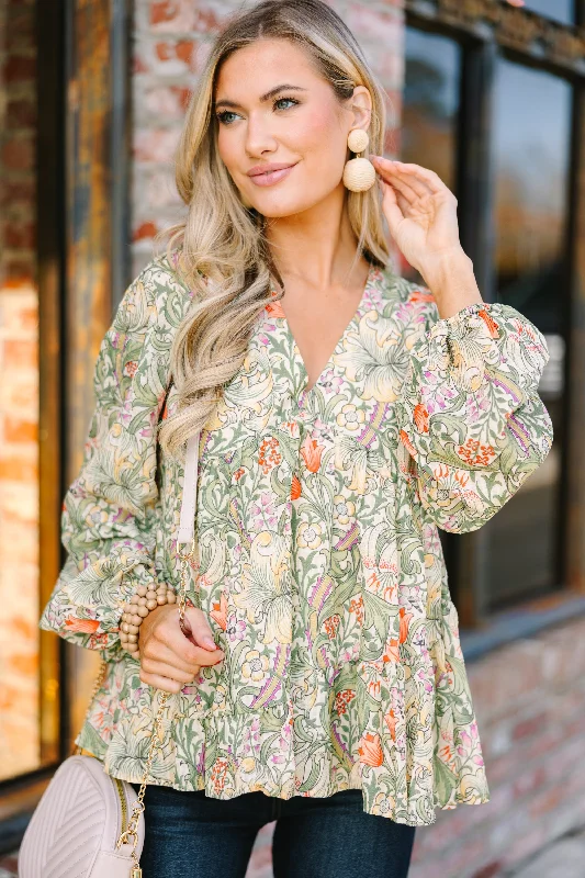 Comfortable Tops All For Love Olive Green Floral Blouse