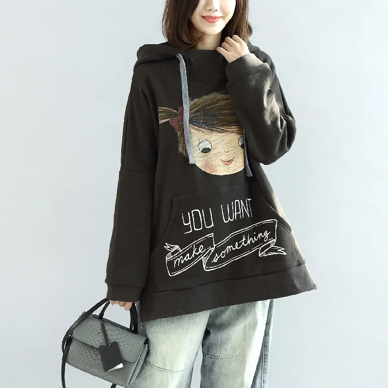 Casual Comfort Dark gray oversized winter tops hoodies cotton outwear plus size