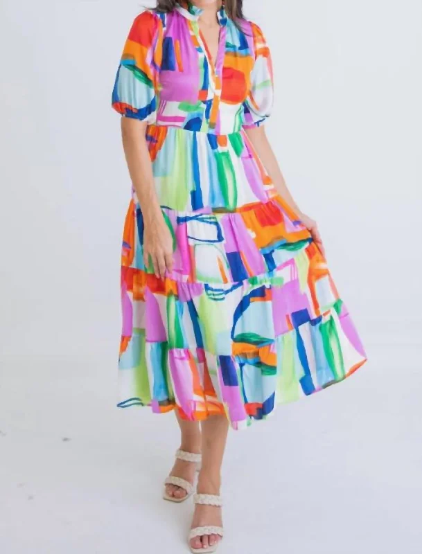 Timeless Style Abstract Tiered Midi Dress in Multi