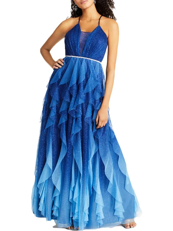 Soft Looks Juniors Womens Glitter Ruffled Evening Dress