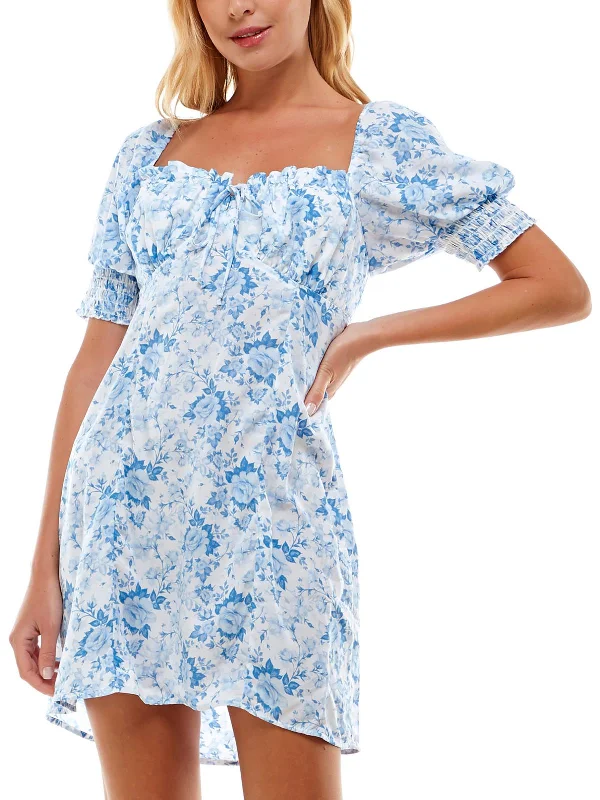 Everyday Outfits Juniors Womens Puff Sleeve Floral Mini Dress