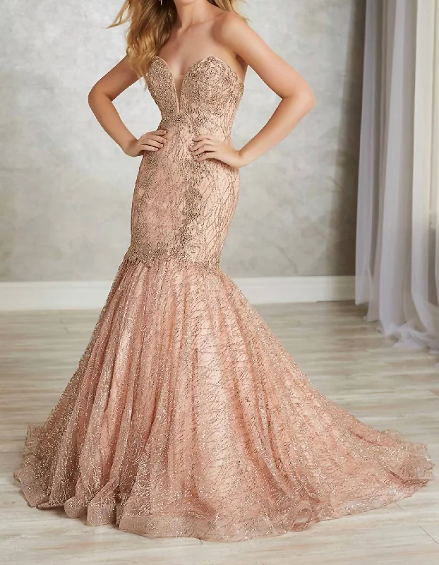 Comfortable Tops Metallic Lace Appliques Prom Dress In Rose/gold