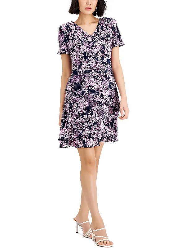 Warm Wear Petites Womens Crinkled Floral Sheath Dress