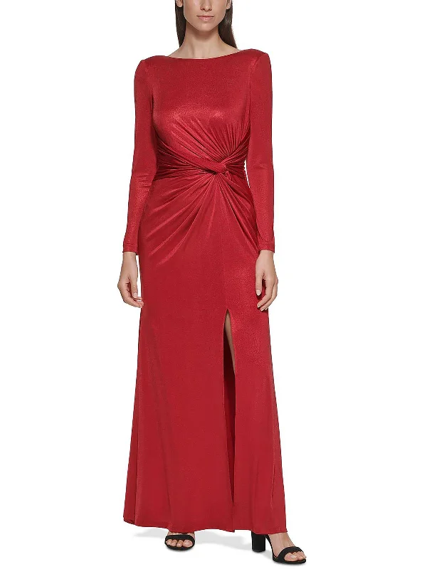 Cozy Essentials Petites Womens Metallic-Flecked Maxi Evening Dress