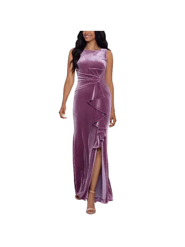 Stylish Casuals Petites Womens Velvet Ruffled Evening Dress