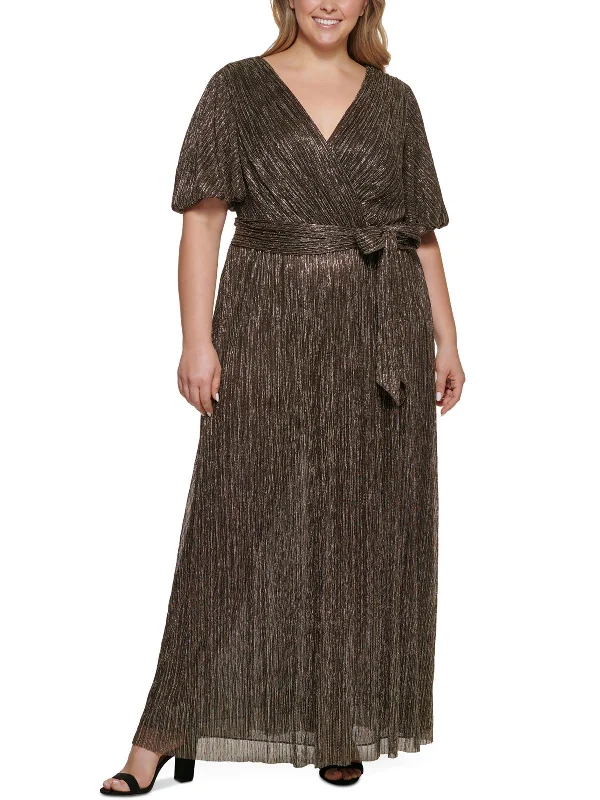 Cozy Knits Plus Womens Metallic Faux-Wrap Evening Dress