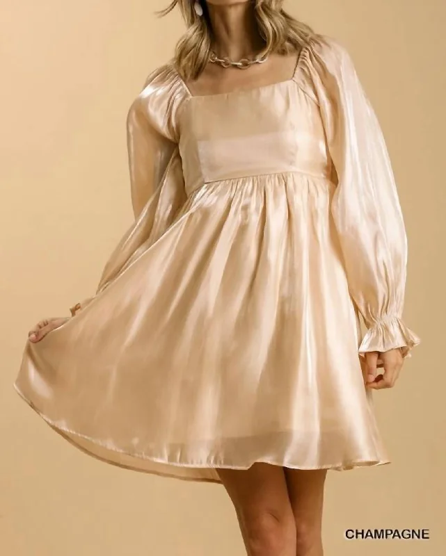 Light Dressing Satin Ruffle Square Neckline Dress in Champagne