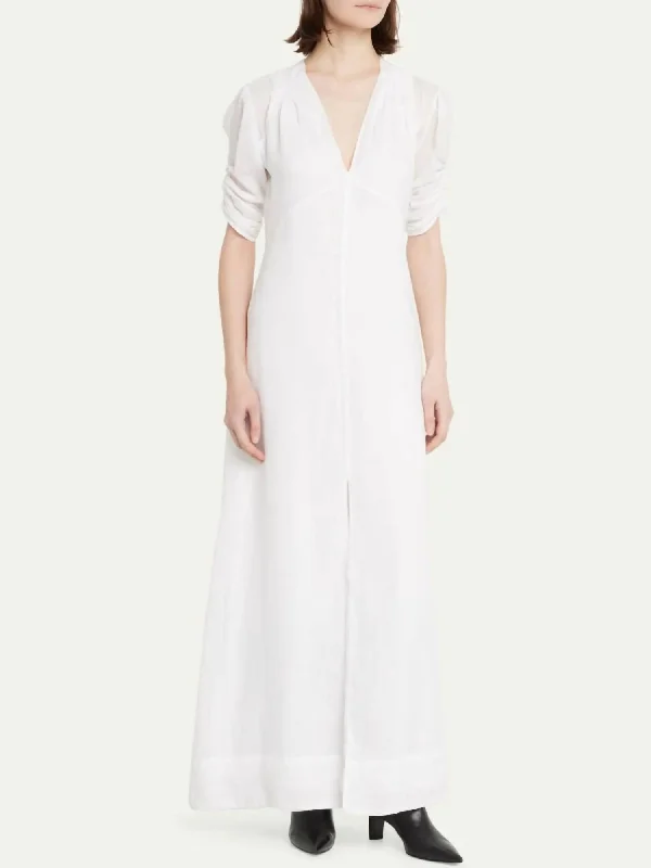 Relaxed Jackets Shirred Sleeve Maxi Dress in Blanc