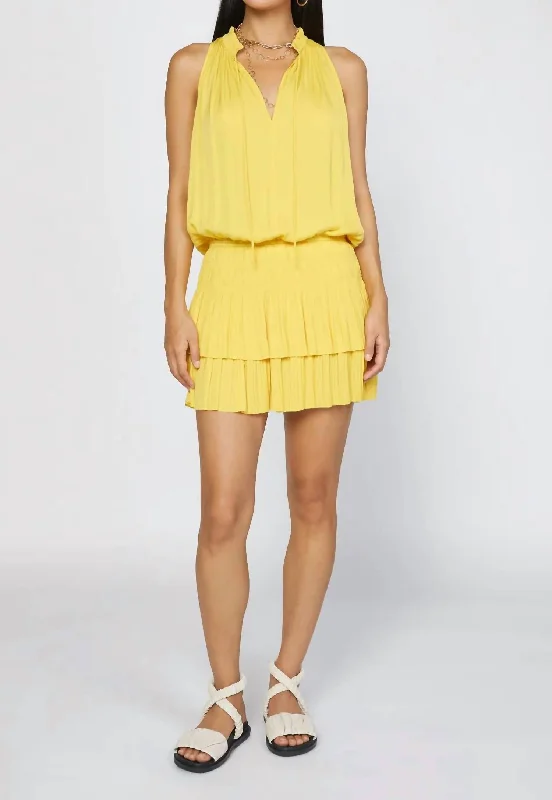 Weekend Comfort Wear Sleeveless Pleated Mini Dress in Sunny Yellow