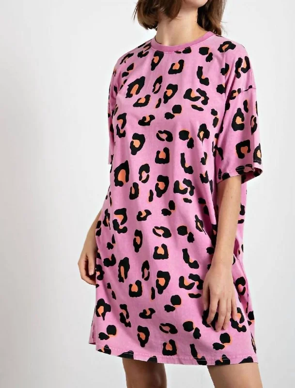 Relaxed Fit Wear Washed Leopard Tunic Tee Dress in Barbie Pink