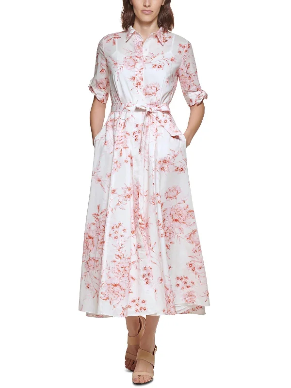 Sporty Wear Womens Floral Print Mid Calf Shirtdress