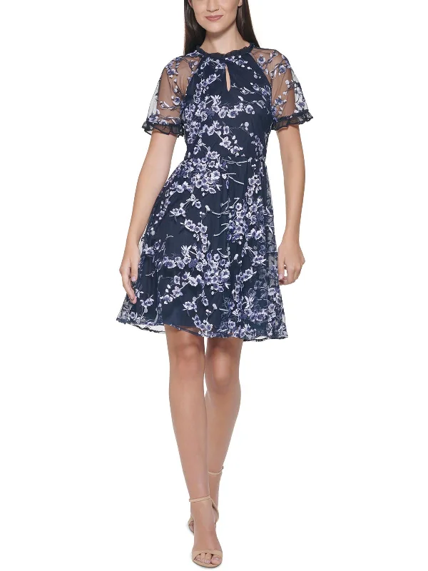 Weekend Comfort Womens High Neck Embroidered Cocktail and Party Dress