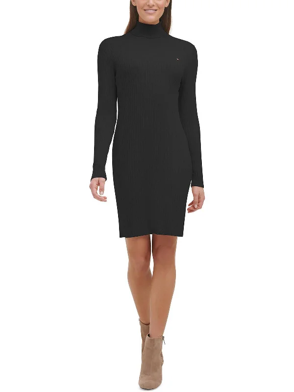 Simple Chic Womens Ribbed Knit Turtleneck Sweaterdress