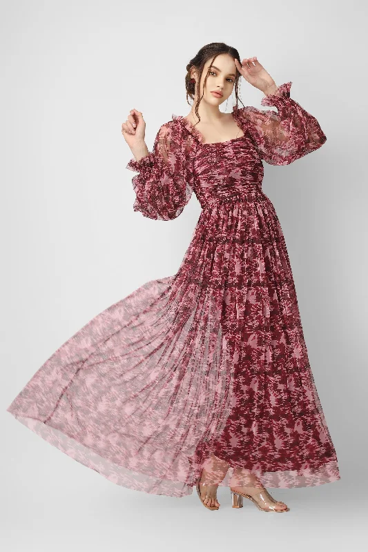 Relaxed Fashion Lana Burgundy Printed Tulle Dress
