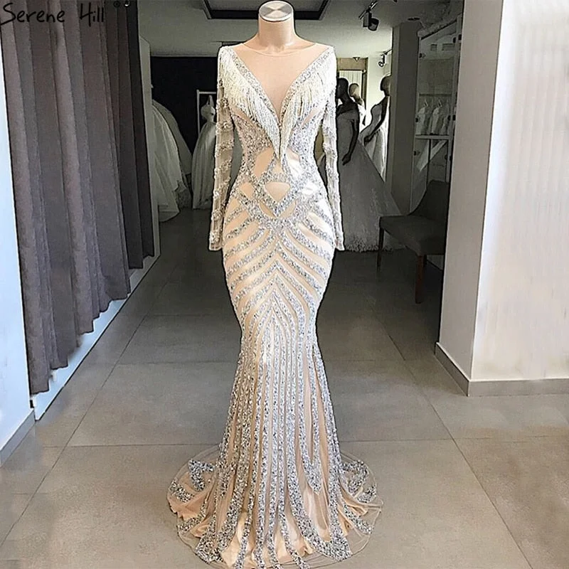 Easy Chic Wear On Sale no return no refundSale Nude Slim Mermaid Luxury Evening Dresses Long Sleeves Beading Tassel Fashion LA6594